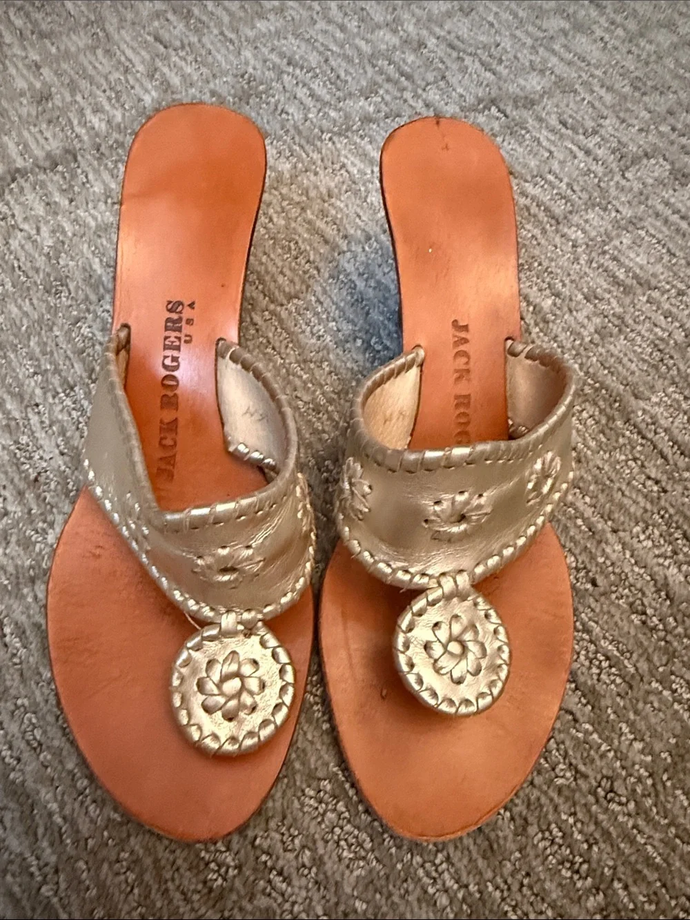 Jack Rogers Gold Leather Medallion Wedge Sandals